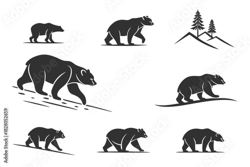 Minimalist grizzly bear cub icon set with black and yellow accents