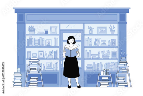 Illustration of woman reading a book in front of a bookshelf in a bookstore