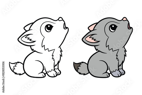 Two charming cartoon wolf cubs howling outline and colored animal characters