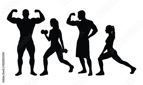 Silhouettes of men and women engaged in fitness activities isolated on white background