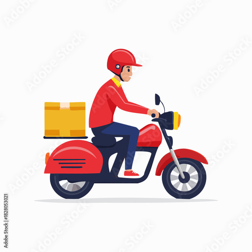 Energetic male delivery rider on a red motorcycle carrying a package for fast delivery, isolated white background.