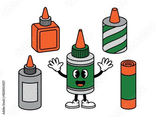 A collection of cartoon glue bottles and adhesive sticks is displayed.