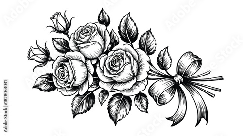 A sketched bouquet of roses tied with a ribbon is presented on a white background.