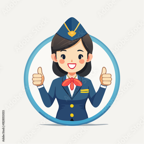 Confident female flight attendant giving thumbs up, showing excellent service, isolated white background.