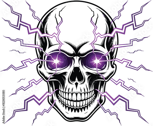 A skull with glowing purple eyes and lightning bolts emanating from it.