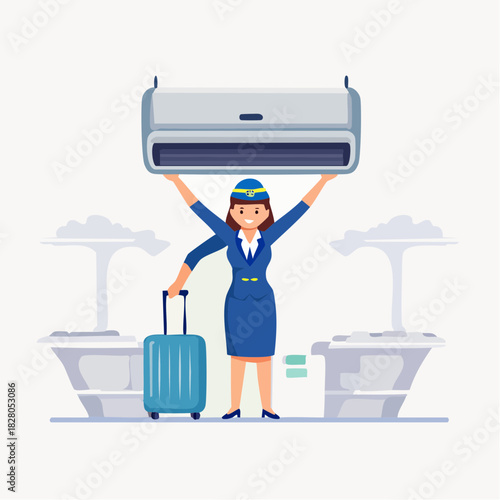 Strong female flight attendant holding an air conditioner unit with luggage, representing service and travel, in bright studio.