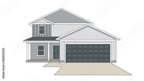 A Stylish Modern Home Design with a Two-Car Garage, Perfect for Real Estate Marketing and Architectural Blueprints Presentation