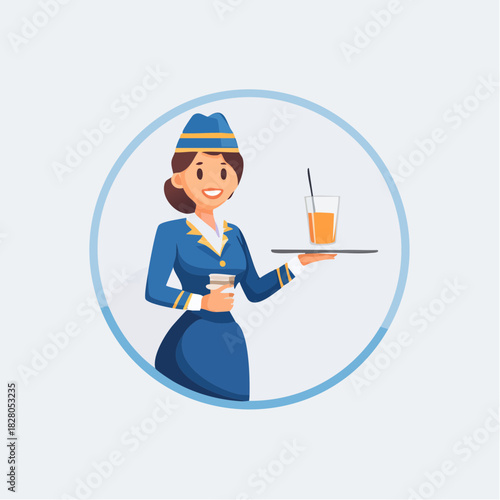 Welcoming female flight attendant holding a tray with drinks, offering in-flight service, stylized circle, bright studio background.