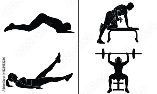 Silhouettes of people performing various fitness exercises isolated on white background