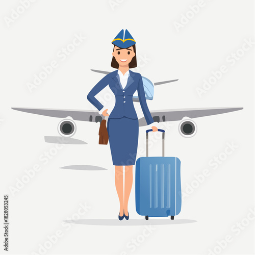 Professional female flight attendant standing with a suitcase next to an airplane, ready for international travel, airport background.