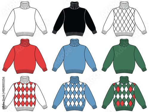 A collection of nine different colored and patterned turtleneck sweaters are displayed.