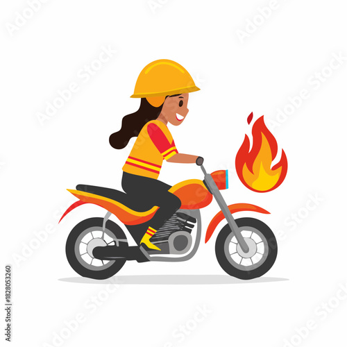 Determined female emergency responder or firefighter riding an orange motorcycle with a fire icon, rapid response, bright studio background.