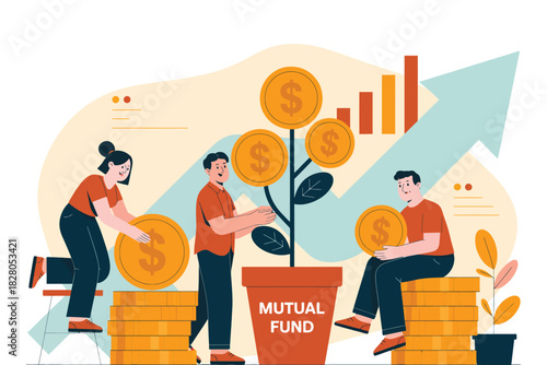 Illustrated people investing in mutual fund with growing money tree concept