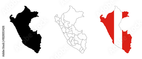 Peru map icon. Country silhouette, dashed regional borders and flag inside the national territory vector illustration. Travel, politics and geography symbol. Identity and culture sign