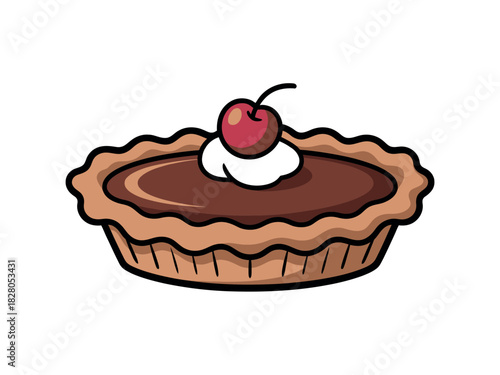 A delicious chocolate pie with cherry topping is ready to be served.