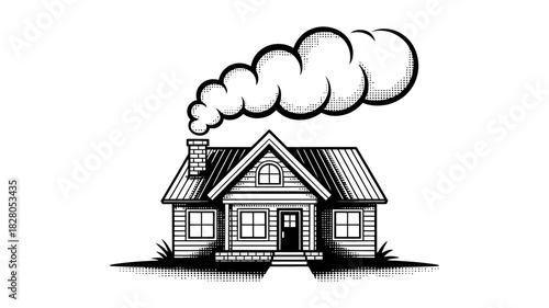 A simple illustration of a house with smoke billowing from its chimney.