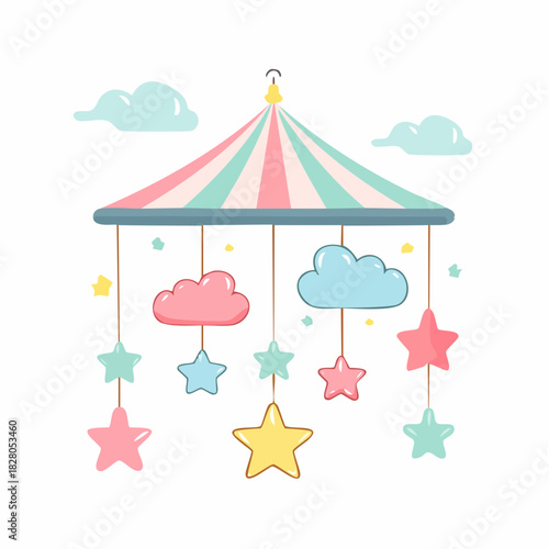 Whimsical baby mobile featuring a colorful canopy adorned with playful stars and clouds, designed to captivate and soothe infants