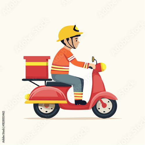 Male emergency responder or firefighter riding a red scooter with an emergency box, fast action, bright studio background.