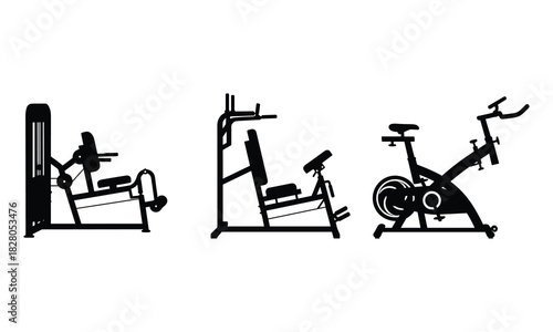 Collection of silhouette gym equipment including weight machines and stationary bike isolated on white background