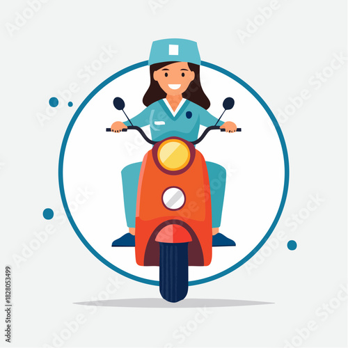 Happy female nurse riding a red scooter in a stylized circle, professional medical transport, bright studio background.