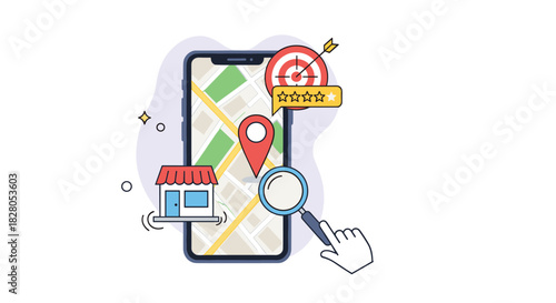 Local SEO concept showing a hand using a magnifying glass on a mobile map to find a local business with high ratings and a target.