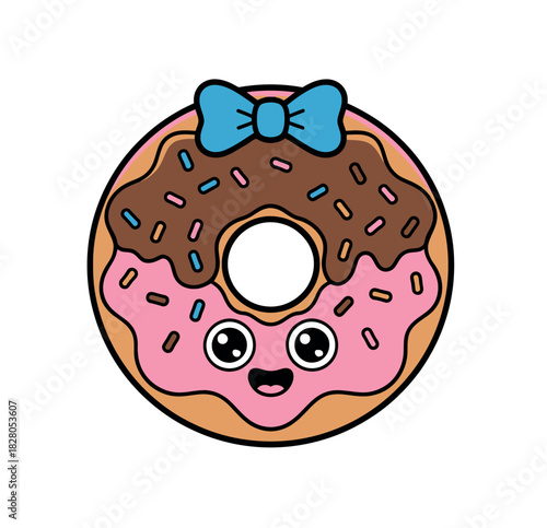 A cute donut with pink and chocolate frosting and a blue bow is smiling.