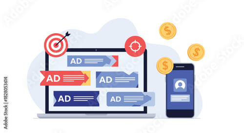 Pay-per-click advertising campaign concept with ad banners on a laptop and a mobile phone showing targeted marketing and revenue.