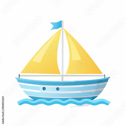 A charming cartoon illustration of a blue and white striped sailboat with bright yellow sails, sailing on wavy blue water under a clear sky, perfect for nautical themes