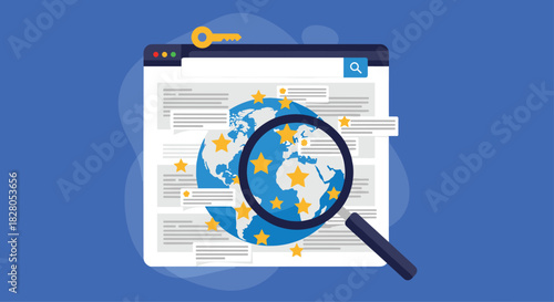 Global SEO and online reputation management concept with a magnifying glass over a globe showing positive star ratings on a webpage.