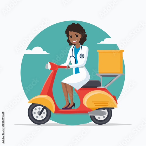 Caring African American Female Doctor Riding Red and Yellow Scooter for Medical Delivery on a Bright Studio Background