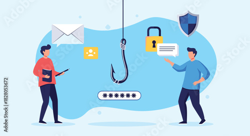 Cybersecurity concept of a phishing attack with a large hook stealing a password from two unsuspecting users online.