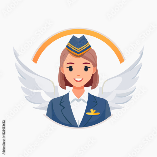 Professional Female Flight Attendant Smiling with Blue Wings and Orange Abstract Circle Background, Travel and Aviation