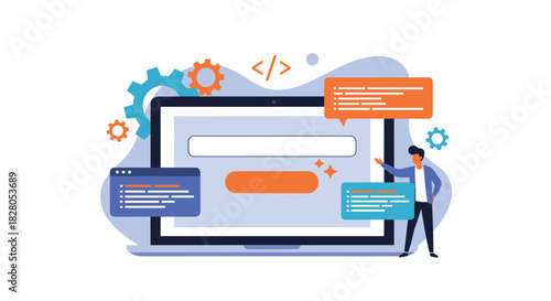 Website development and UI design concept with a developer building a webpage on a large laptop screen with code and elements.