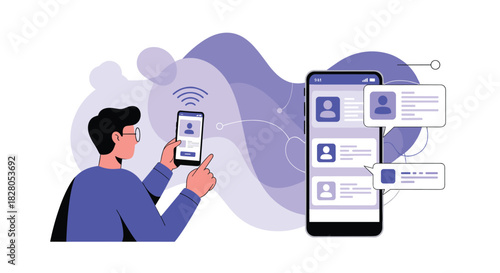Man using a mobile phone to send a message or transfer a contact profile to another smartphone wirelessly with abstract shapes.