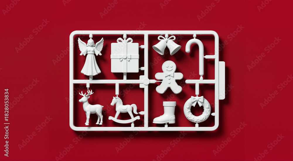 Obraz premium Flat lay overhead of white model assembly kit pieces for making christmas holiday elements