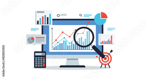Comprehensive business data analysis dashboard on a computer screen with various charts a calculator and a target for KPIs.