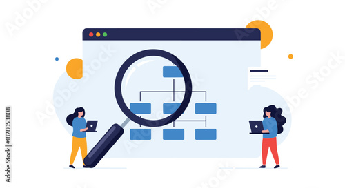 Business structure and organizational analysis concept with two women using a large magnifying glass to study a flowchart.