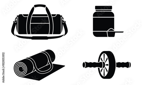 Collection of fitness equipment including a gym bag supplement jar yoga mat and ab wheel isolated on white background