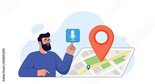 Man using a voice search command on a microphone icon to find a location on a digital map with a pin.