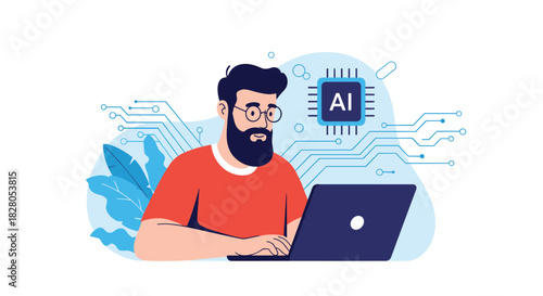 Male developer or data scientist working on a laptop with an artificial intelligence chip and circuit board background.