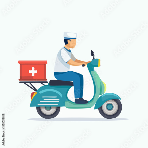 Male Doctor Riding Teal Scooter for Medical Delivery with First Aid Box on Isolated White Background