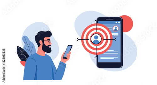 Man using a smartphone for a targeted advertising campaign showing a user profile in the crosshairs of a target.