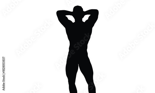 Silhouette of a muscular man posing with hands behind head isolated on white background