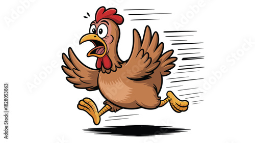 A cartoon chicken is running fast with a scared expression on its face.
