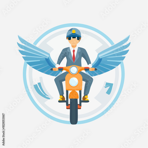 Confident Male Rider on Orange Motorcycle with Blue Wings and Abstract Circle Background, Professional Delivery Service