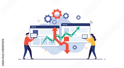 A-B testing and website optimization concept with two people comparing performance data from two different webpage versions.