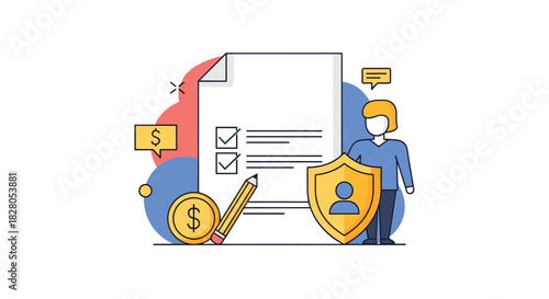 User agreement and data policy concept with a person holding a security shield next to a document with a checklist and money.