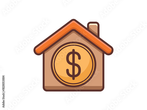 A house icon with a dollar coin inside symbolizes real estate investment and financial security.