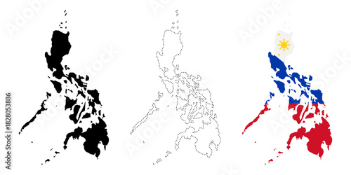 Philippines map flag. Silhouette, dotted outline and national flag versions of island country vector illustration. Southeast Asian geography and travel symbol. Political and patriotic sign.