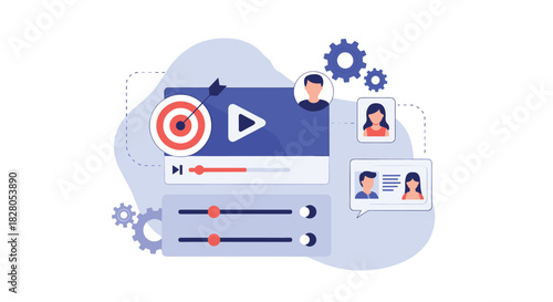 Targeted video marketing strategy with a video player a target icon user profiles chat bubbles and adjustment sliders.